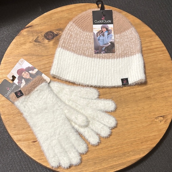 Cuddl Duds Womens Winter Beanie Hat and Gloves Set (Cream & Brown) Fall/Soft NEW - Picture 1 of 10
